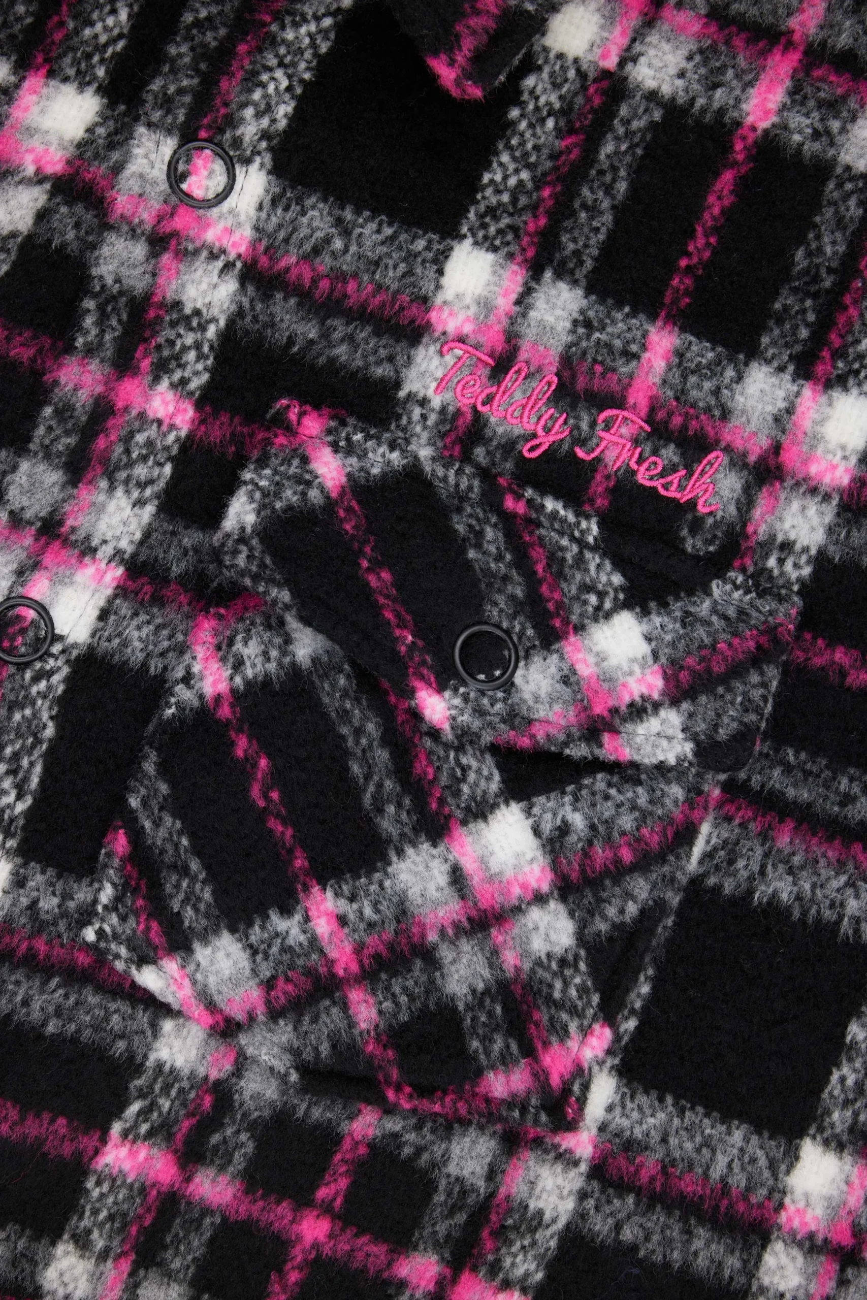 Fuzzy Plaid Snap Shacket-Teddy Fresh New