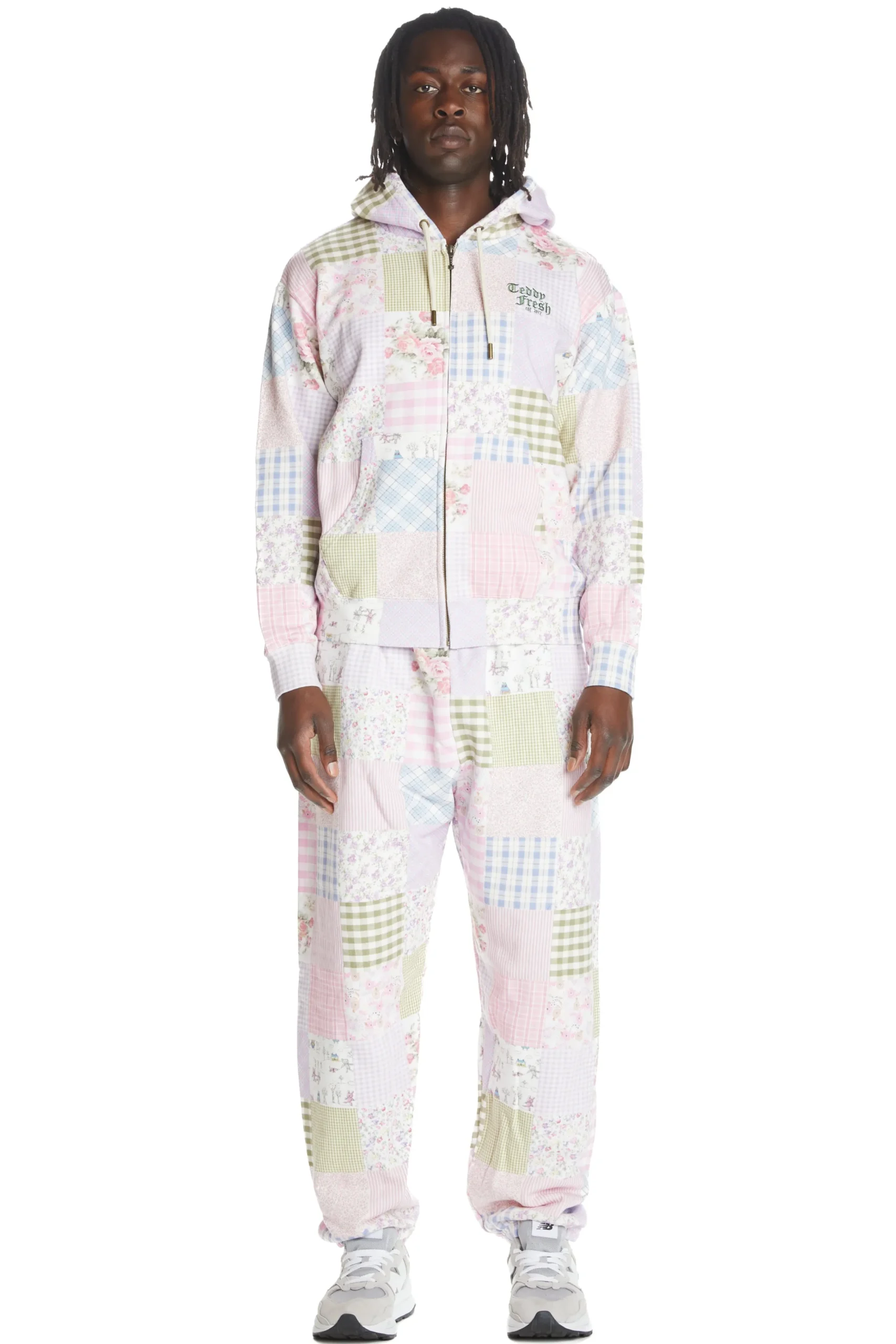 Quilt Print Zip Hoodie-Teddy Fresh Clearance